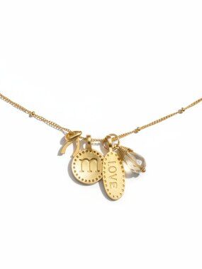Gold Charm Pendant Necklace 18” - Initial "m", "love" & Crystal Charms